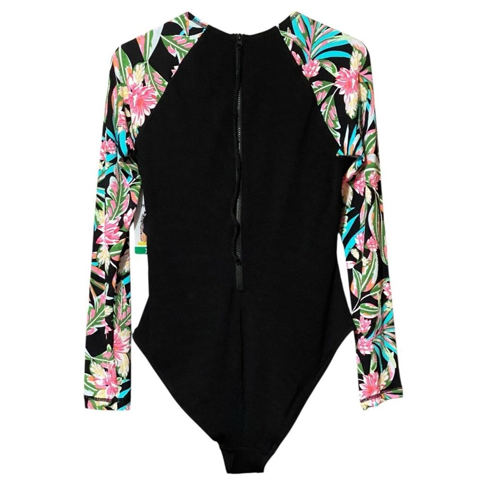 Hurley Long Sleeve One Piece Swimsuit XL Black Floral Rash Guard NWT - Picture 2 of 9